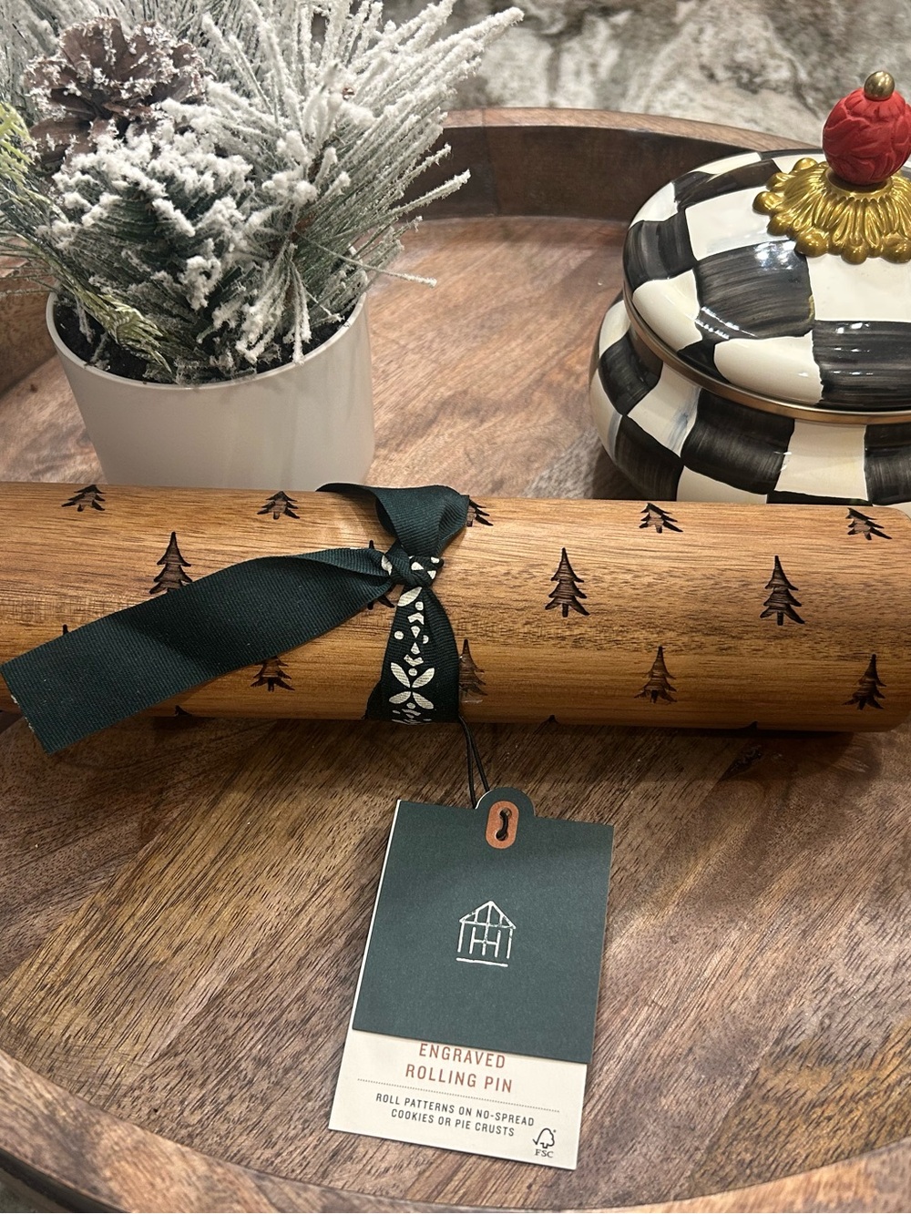 Hearth & Hand Engraved Wood Rolling Pin with Green Ribbon